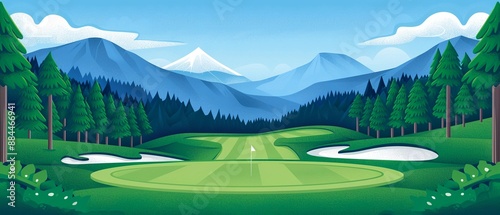 Golf enthusiasts on a funfilled adventure, picturesque course, flat design illustration