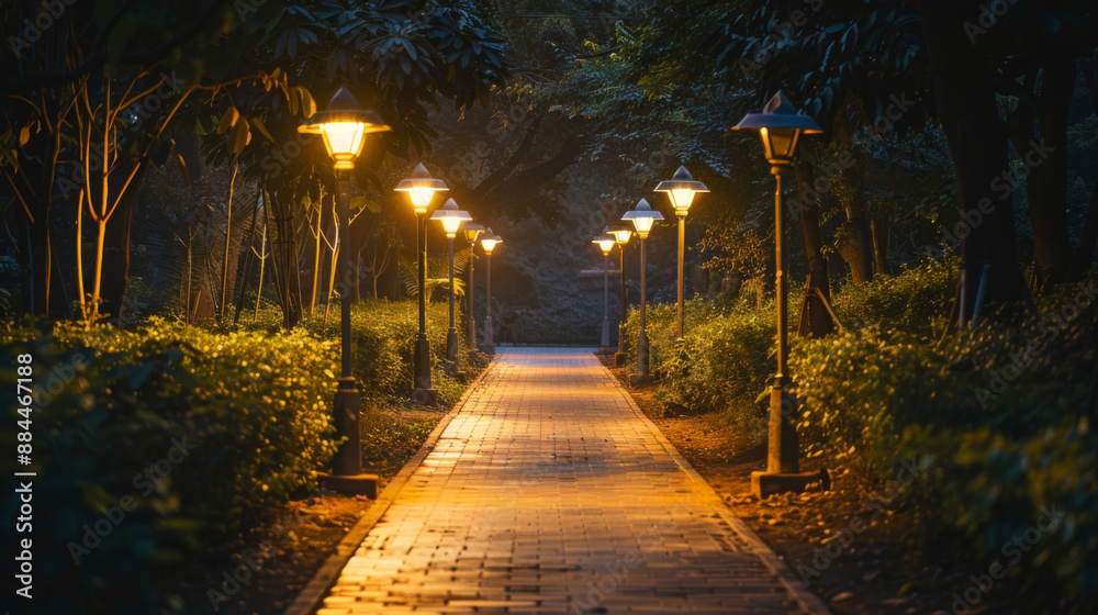Obraz premium Streetlights lining a pathway solar-powered 