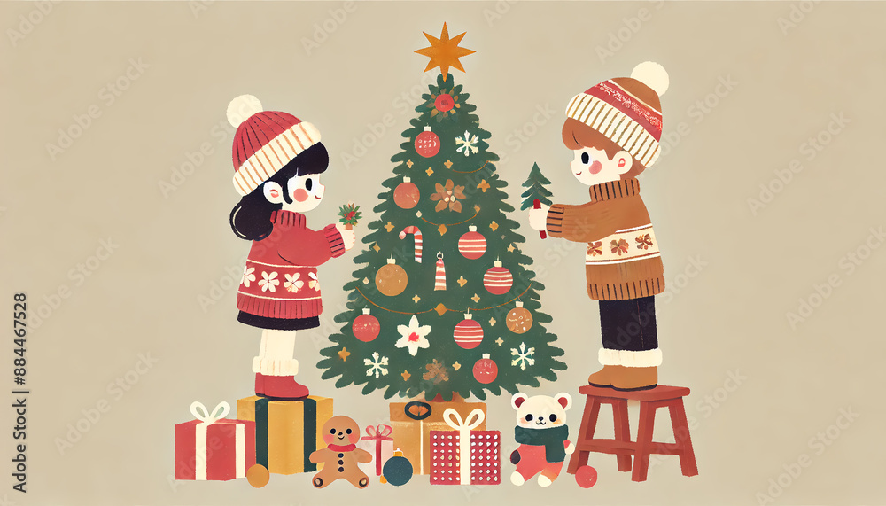 Children decorating a Christmas tree plain background Children decorating a Christmas tree plain background
