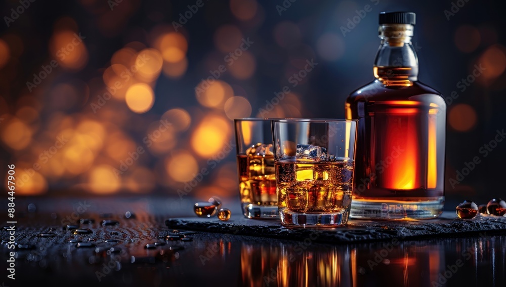 Whiskey on the Rocks with a Warm, Bokeh Background Whiskey on the Rocks with a Warm, Bokeh Background