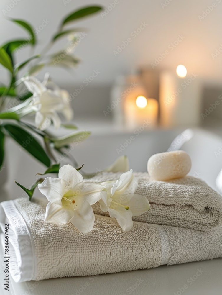 A white towel sitting on the edge of a bathtub next to a single flower, a peaceful scene A white towel sitting on the edge of a bathtub next to a single flower, a peaceful scene
