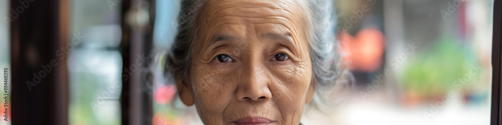 Portrait of an Elderly Woman with Wrinkled Skin and Grey Hair Looking Thoughtfully into the Distance Portrait of an Elderly Woman with Wrinkled Skin and Grey Hair Looking Thoughtfully into the Distance