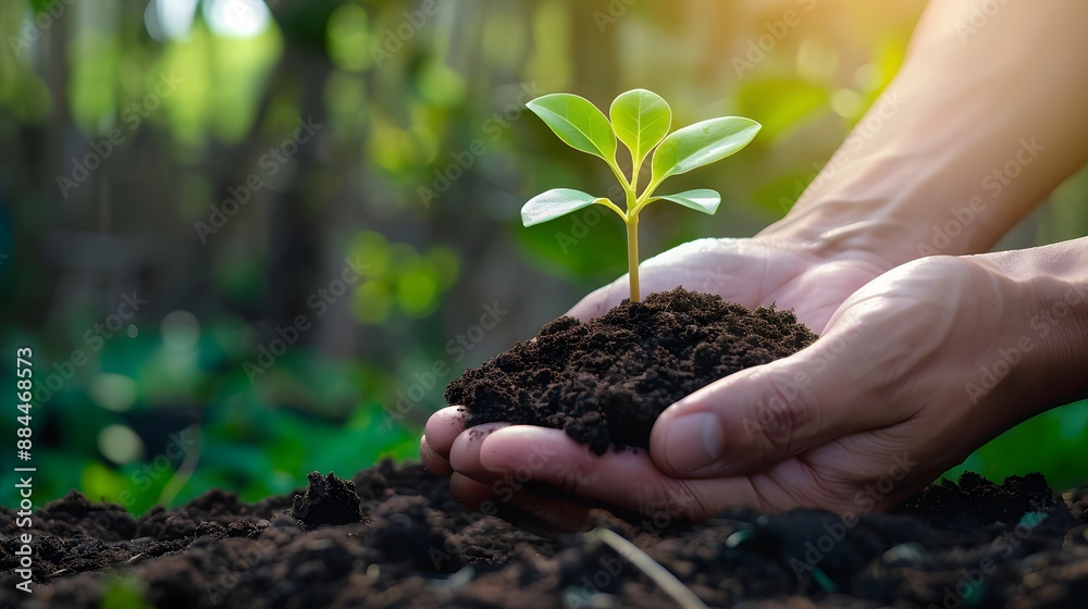 Hand holding a small plant growing out of soil with a blurred background of green leaves Hand holding a small plant growing out of soil with a blurred background of green leaves