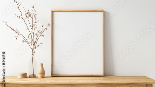 Wooden Frame Mockup on a Wooden Table with a Vase of Twigs