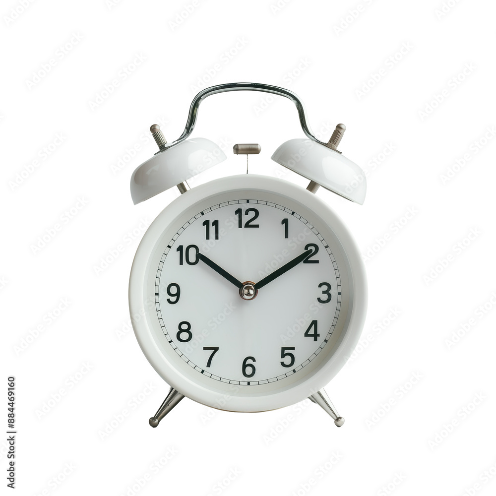 A classic white analog alarm clock with black numbers and two silver bells on top. A classic white analog alarm clock with black numbers and two silver bells on top.