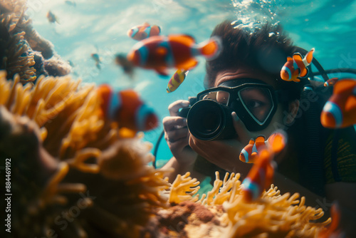 Underwater er Capturing Clownfish in Coral Reef photo