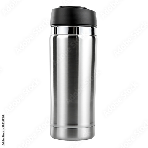 Stainless steel travel mug with a black lid for hot or cold beverages, featuring a sleek and modern design