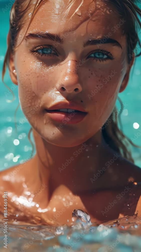 Close-up Portrait of a Woman with Wet Hair and Freckles in a Pool Close-up Portrait of a Woman with Wet Hair and Freckles in a Pool