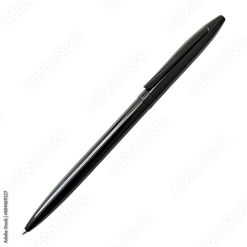 A sleek, black ballpoint pen with a shiny finish