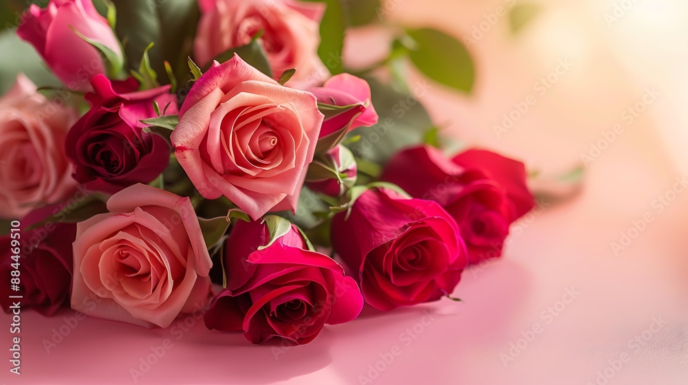 A close-up of a bouquet of pink and red roses on a pink table, with gentle light highlighting the petals, perfect for Valentine's Day or Mother's Day. A close-up of a bouquet of pink and red roses on a pink table, with gentle light highlighting the petals, perfect for Valentine's Day or Mother's Day.