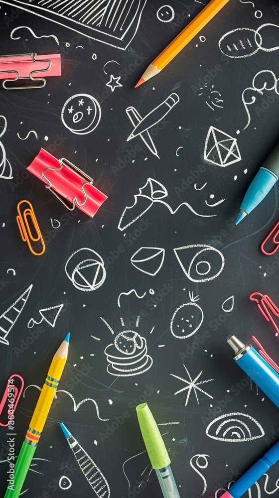 School Supplies Doodles on Blackboard Background with Text Space, Cute Cartoon Style Vector Collection School Supplies Doodles on Blackboard Background with Text Space, Cute Cartoon Style Vector Collection
