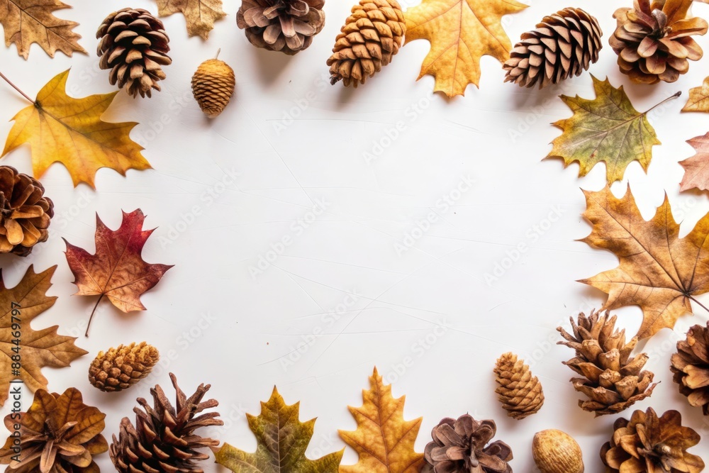 wooden frame on a background of autumn leaves and pine cones wooden frame on a background of autumn leaves and pine cones
