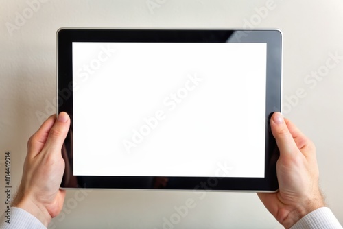 Mockup of a man holding a tablet computer with isolated screen in his hands