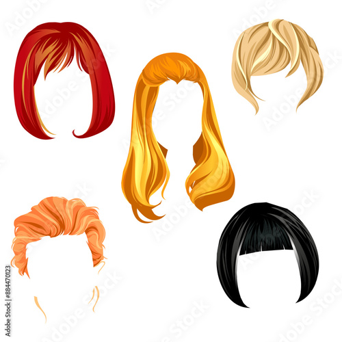 Women 5 wigs hairstyle realistic icons vector.Realistic female hairstyles set Vector.
