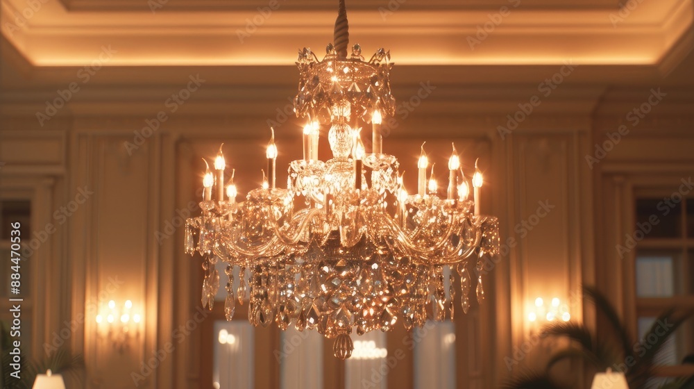 An elegant crystal chandelier hanging in a grand dining room, sparkling under soft light. An elegant crystal chandelier hanging in a grand dining room, sparkling under soft light.