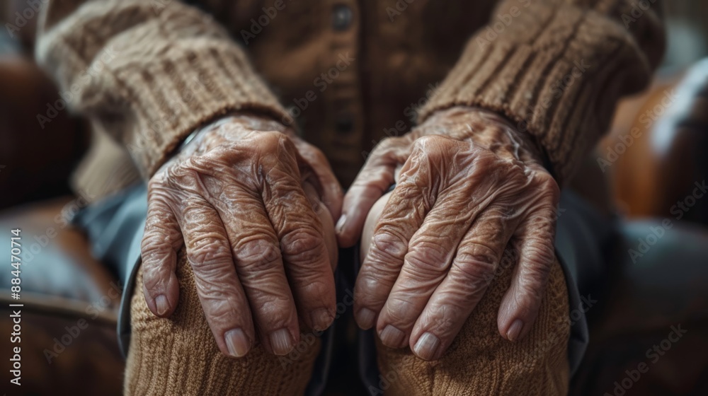Fototapeta premium Elderly health: man's hands on knees with knee pads.
