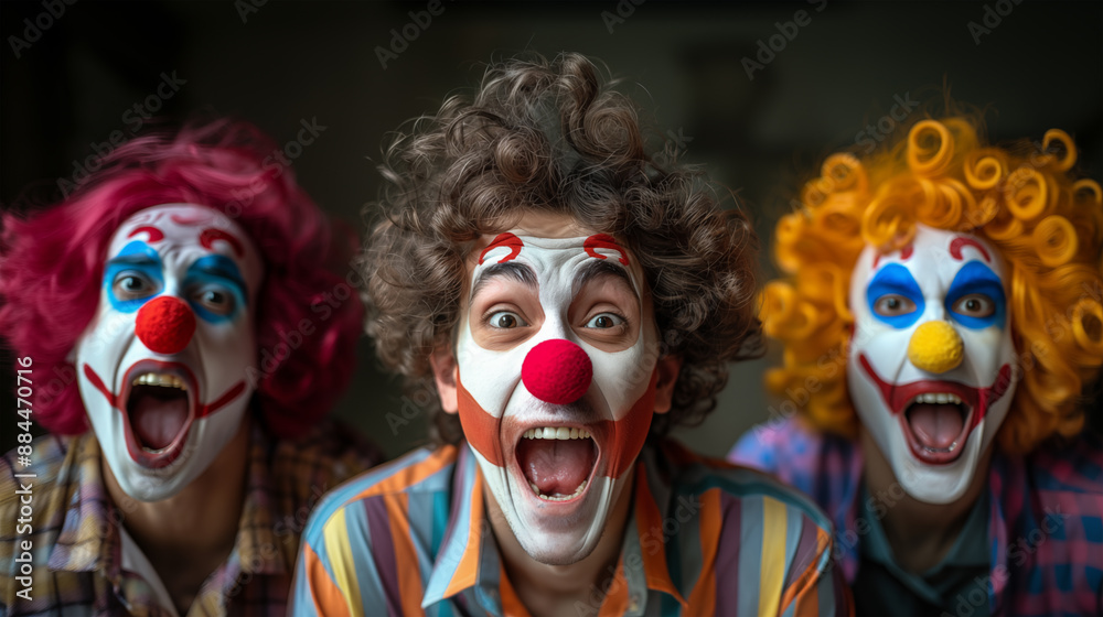 Three men dressed as clowns shout and cry in a studio shot. With red noses and colorful costumes, their expressive faces and silly antics capture the essence of a festive celebration Three men dressed as clowns shout and cry in a studio shot. With red noses and colorful costumes, their expressive faces and silly antics capture the essence of a festive celebration