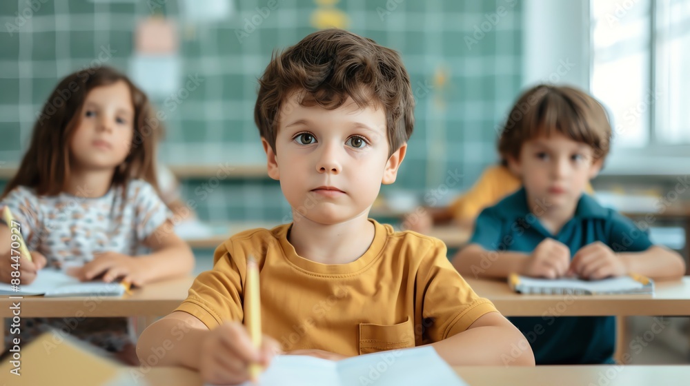 Group of kids in a classroom with notebooks open, discussing homework, collaborative learning Group of kids in a classroom with notebooks open, discussing homework, collaborative learning