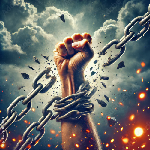 Hand breaking free from chains with a raised fist and sparks against dramatic sky, symbolizing resistance and freedom photo