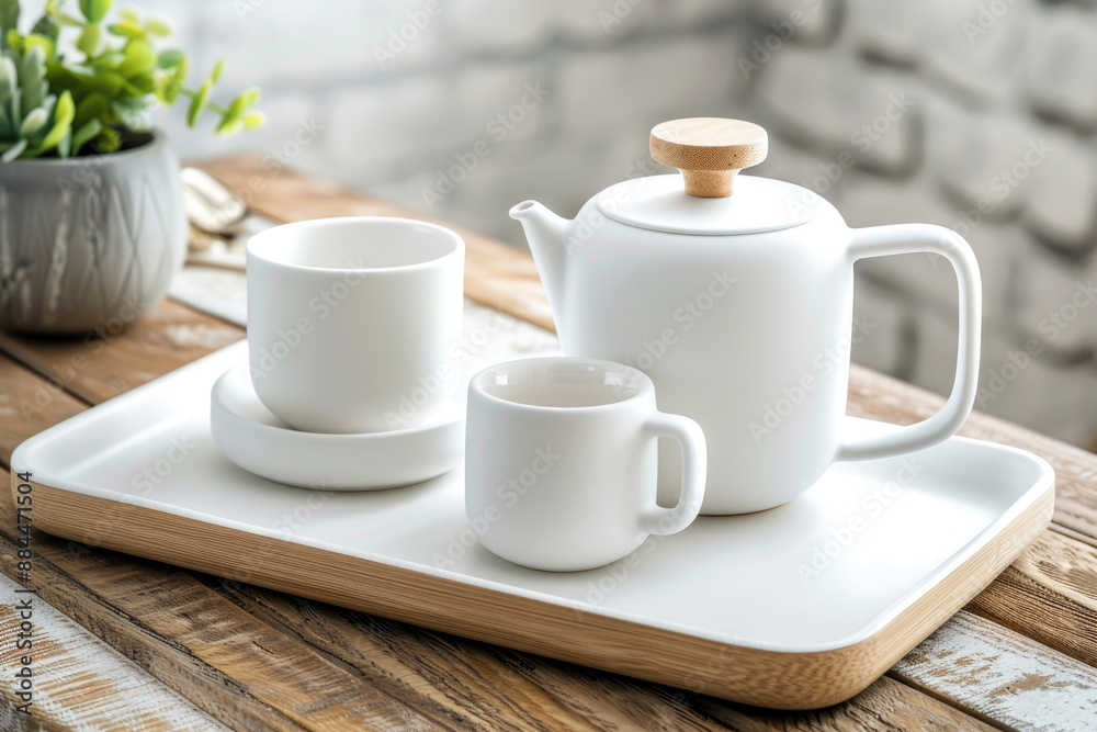 Elegant white ceramic tea set with teapot, cup, and tray on rustic wooden table, perfect for a cozy tea time. Elegant white ceramic tea set with teapot, cup, and tray on rustic wooden table, perfect for a cozy tea time.