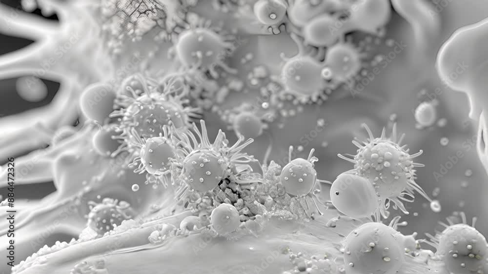 A scanning electron microscope image of a cell actively undergoing endocytosis with many tiny particles being engulfed by its membrane. A scanning electron microscope image of a cell actively undergoing endocytosis with many tiny particles being engulfed by its membrane.