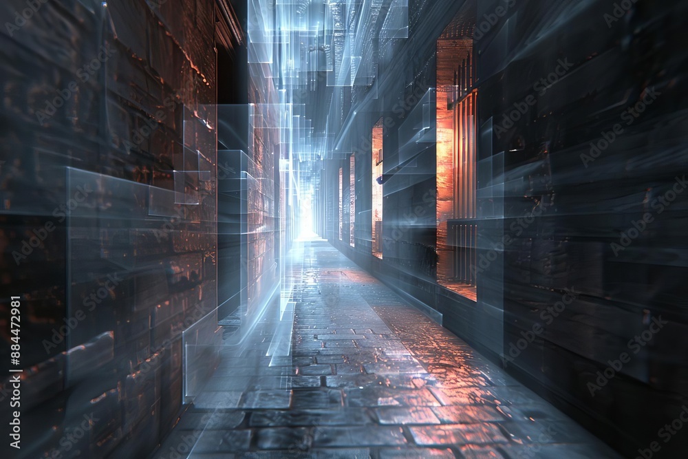 Digital spooky alley, holographic apparitions, modern eerie setting Digital spooky alley, holographic apparitions, modern eerie setting