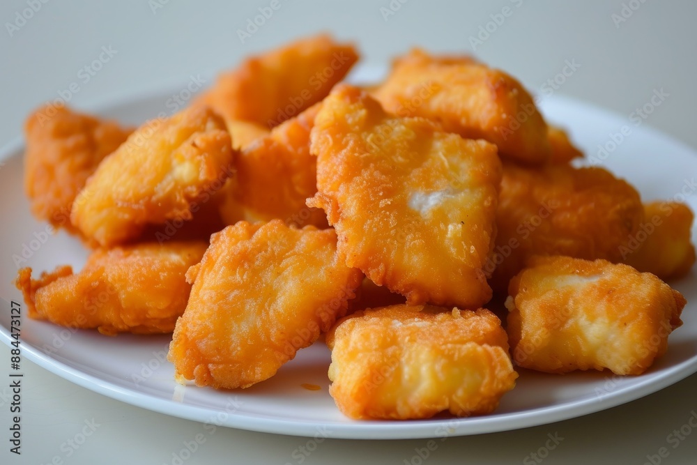 Closeup of crispy chicken nuggets served on a white plate, perfect for meal concepts Closeup of crispy chicken nuggets served on a white plate, perfect for meal concepts