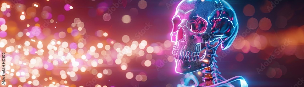 Vibrant digital art of a neon glowing skull with colorful bokeh lights in the background, evoking a futuristic and cyberpunk aesthetic. Vibrant digital art of a neon glowing skull with colorful bokeh lights in the background, evoking a futuristic and cyberpunk aesthetic.