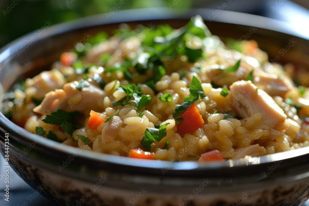 Closeup of a nutritious chicken barley soup garnished with fresh parsley in a decorative bowl
