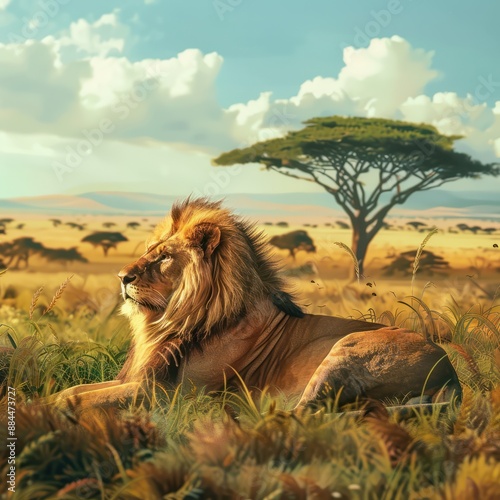 Big lion lying on savannah grass. Landscape with characteristic trees on the plain and hills in the background.with Generative AI technology Job ID: 63489523-3f66-42f0-83c6-a913c43d4ce2 photo