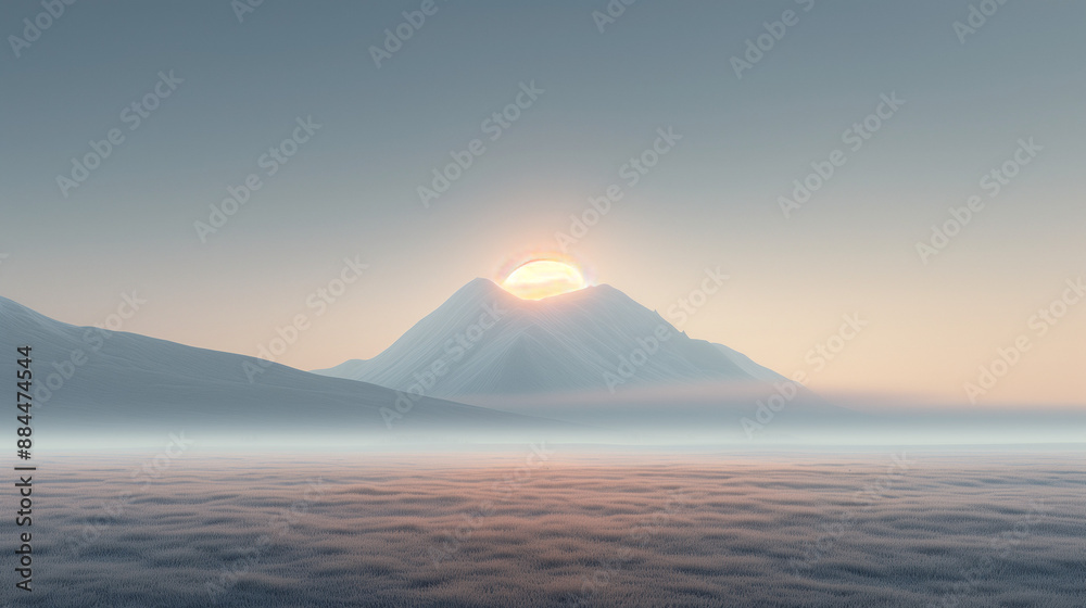 Sun rising above mountain peak over misty landscape Sun rising above mountain peak over misty landscape