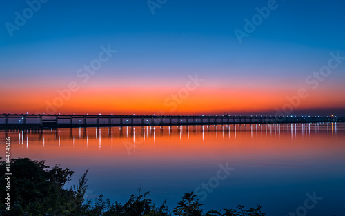 Landscape view of gloomy sunset over the Koshi river in Nepal.