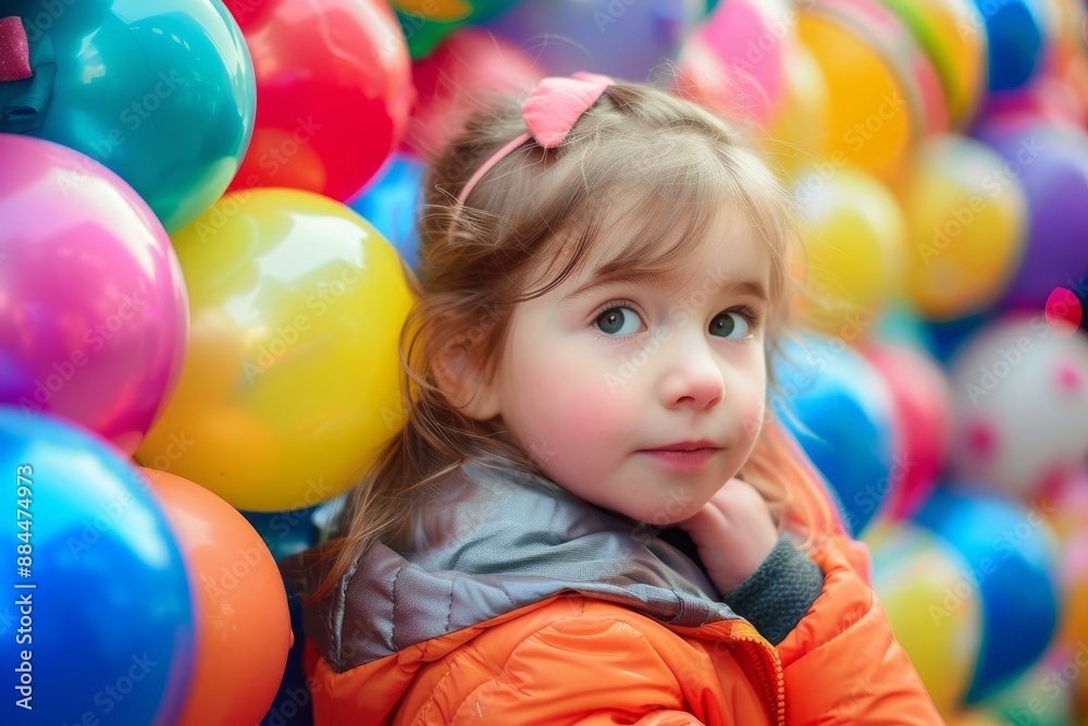 Charming young girl in an orange jacket against a vibrant background of multicolored balloons Charming young girl in an orange jacket against a vibrant background of multicolored balloons