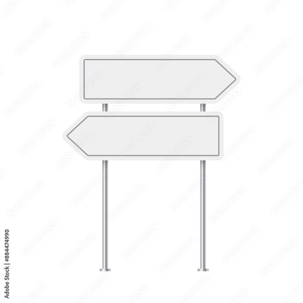 Fototapeta premium Sign road of direction on metal pole. 3d realistic white blank arrow signboard vector illustration. Isolated empty roadside signpost to notice information, danger, guide.