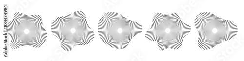 Circular sound waves. Abstract circular lines pattern. Music audio bursts. Ring of thin rays with wavy silhouette. Radial spectrum design. Geometric waveform vector illustration isolated on white.