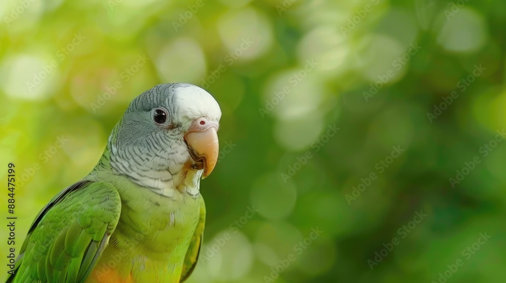 Monk parakeet known as Myiopsitta monachus a small green parrot with gray chest and yellow belly on a green backdrop Monk parakeet known as Myiopsitta monachus a small green parrot with gray chest and yellow belly on a green backdrop