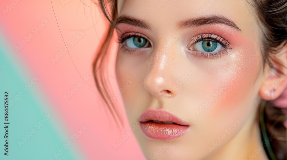 Influencer Sharing Everyday Makeup Tips on Social Media Against Colorful Pastel Background. Influencer Sharing Everyday Makeup Tips on Social Media Against Colorful Pastel Background.
