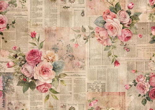 Distressed vintage newspaper collage with faded headlines, floral pink patterns, and elegant handwritten script on a grungy, textured background.