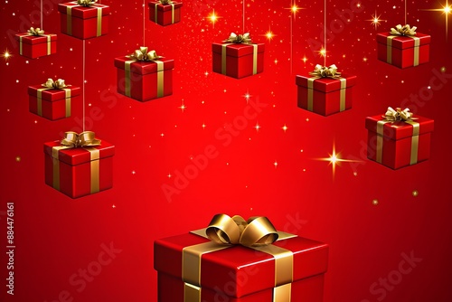 New Year's festive red background. gifts hanging on a string