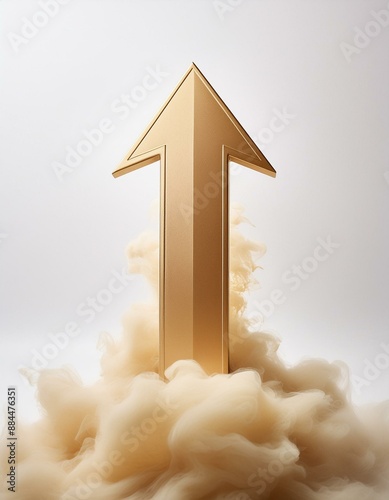 Golden arrow pointing straight up, emerging from a cloud of smoke isolated on white background. It symbolizes ambition, progress, and success, suitable for themes of growth, achievement, direction.
