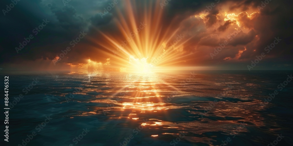 Obraz premium A beautiful sunny morning scene with the sun rising over the ocean, ideal for travel or lifestyle images