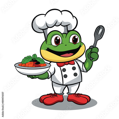 Vector frog chef mascot cartoon character with dish food