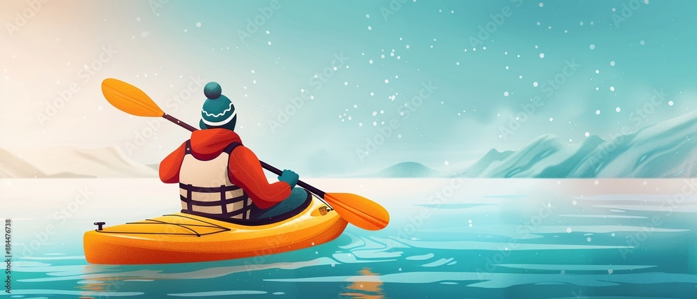 Kayaking adventure, surveying pristine environment, flat design illustration Kayaking adventure, surveying pristine environment, flat design illustration