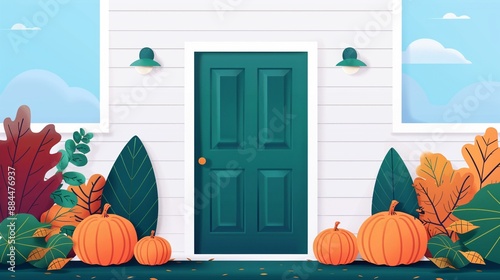 Fallthemed classroom door, decorated with leaves and pumpkins, flat design illustration photo