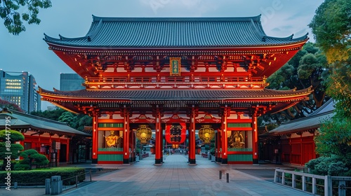 The grand entrance to Senso-ji Temple, beautifully lit up during dusk, highlighting the architectural details and cultural significance of this historic Buddhist temple in Tokyo. photo