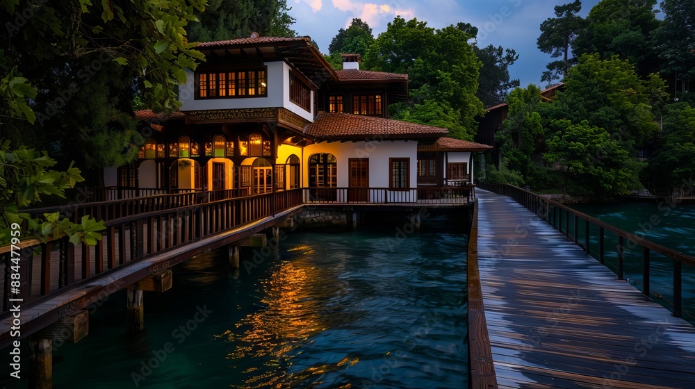 Obraz premium A wooden house on the water at dusk.