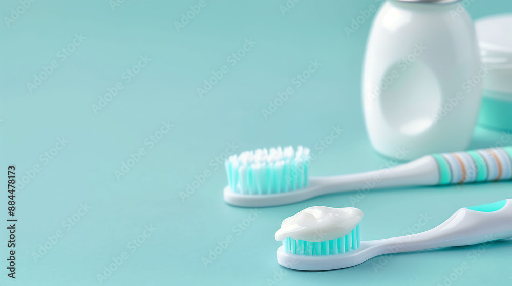 Dental tools, toothpaste and toothbrush arranged on blue background. Health Care Concept for the Elderly .青い背景に配置された歯科用具、歯磨き粉、歯ブラシ。高齢者の健康ケアコンセプト.Generative AI Dental tools, toothpaste and toothbrush arranged on blue background. Health Care Concept for the Elderly .青い背景に配置された歯科用具、歯磨き粉、歯ブラシ。高齢者の健康ケアコンセプト.Generative AI