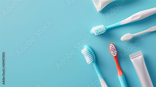 Dental tools, toothpaste and toothbrush arranged on blue background. Health Care Concept for the Elderly .青い背景に配置された歯科用具、歯磨き粉、歯ブラシ。高齢者の健康ケアコンセプト.Generative AI  © lime