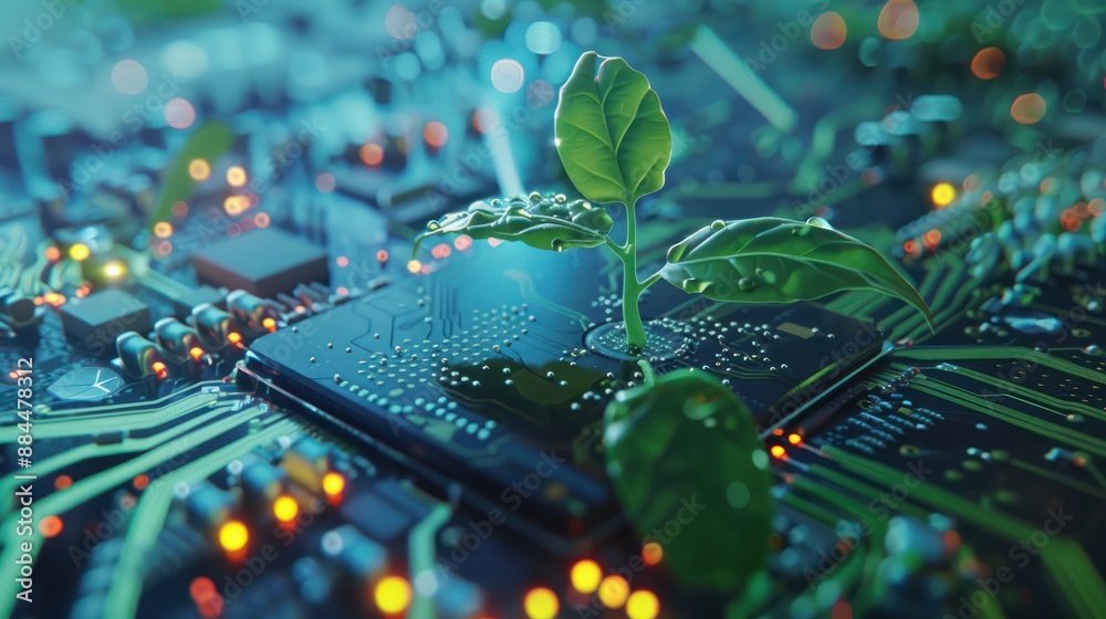 Plant growing on a motherboard - sustainable green technology concept ...