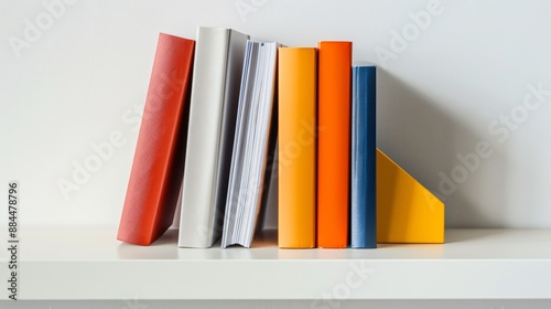 A minimalist bookend in a solid color holding a few books on a white shelf